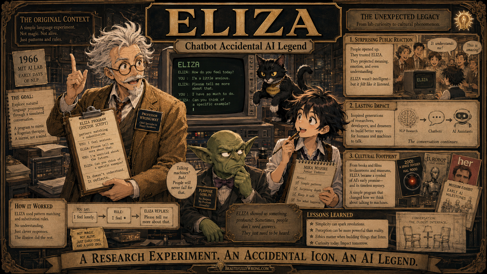 ELIZA exhibit showing an early chatbot conversation experiment.