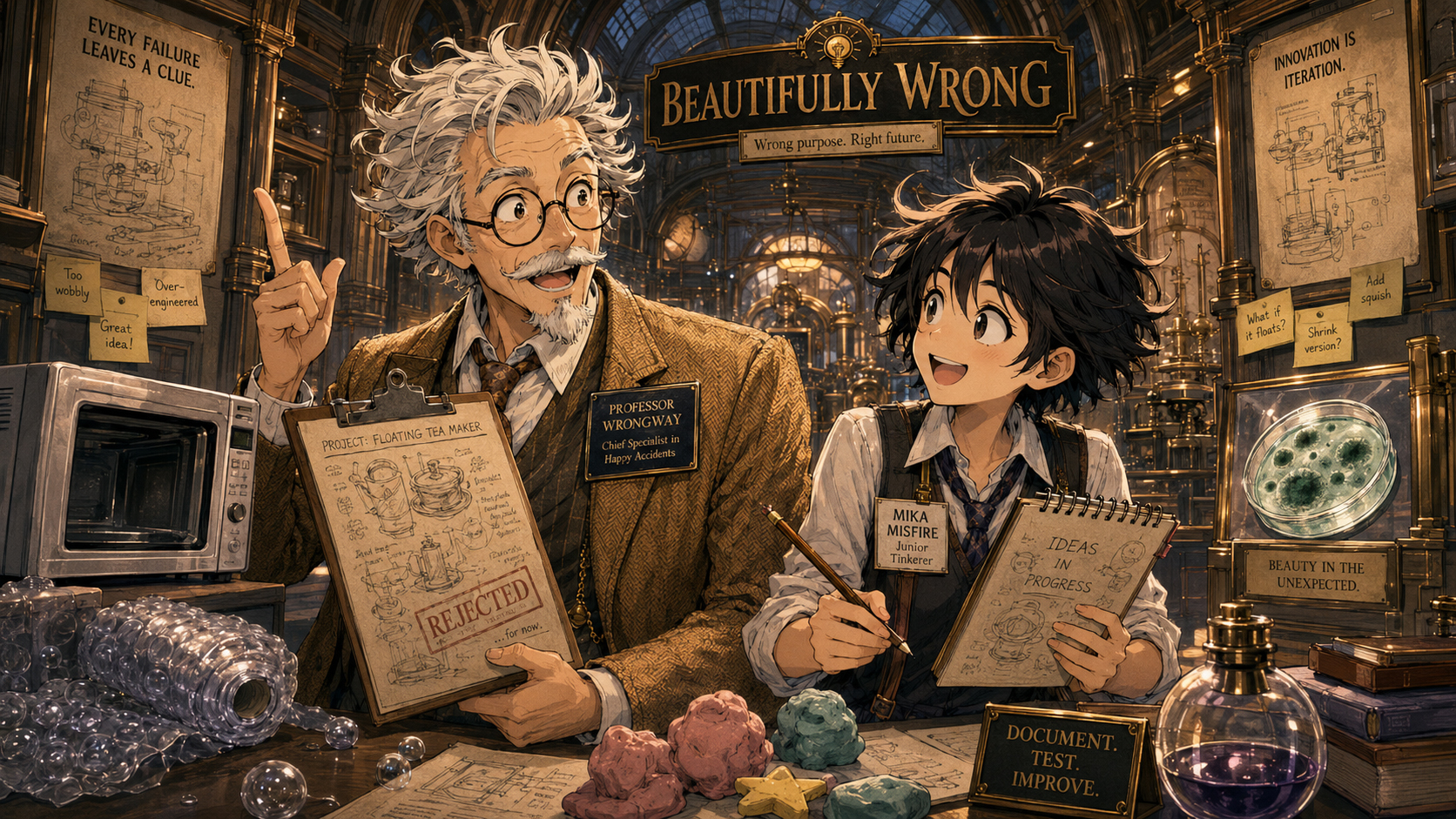 Professor Wrongway and Mika Misfire studying accidental inventions.