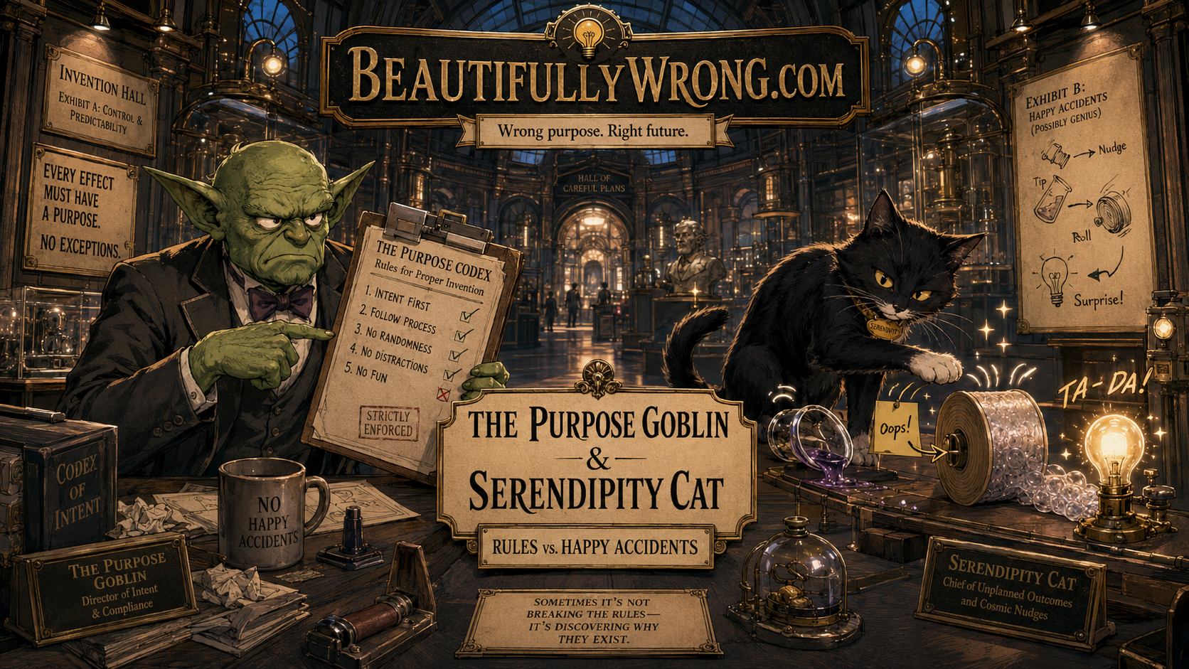 The Purpose Goblin and Serendipity Cat debating rules and happy accidents.